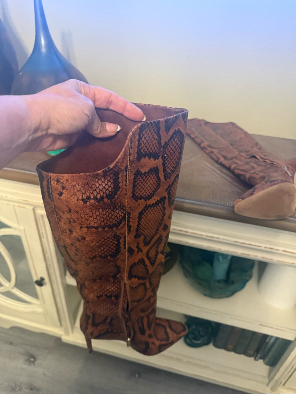 Vince Camuto Brown Snake-Print Knee-High Heeled Boots - Picture 5 of 5